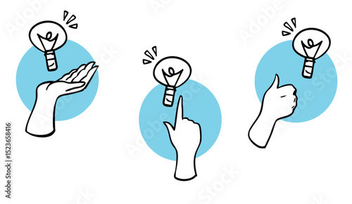 ひらめきとアイデアを表現する電球ジェスチャーイラストセット　ベクター黒