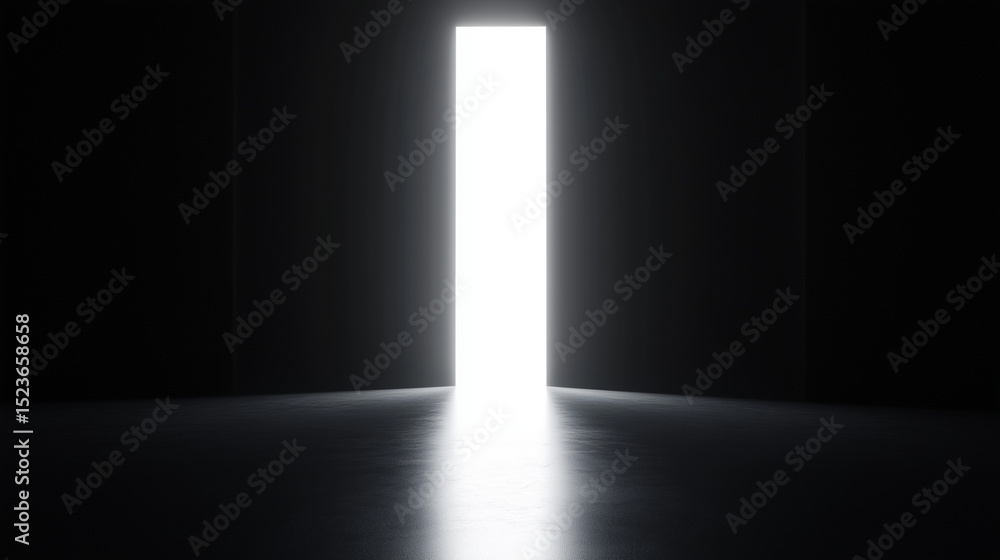 A bright light emanating from a doorway in a dark room with reflections on the floor surface A bright light emanating from a doorway in a dark room with reflections on the floor surface
