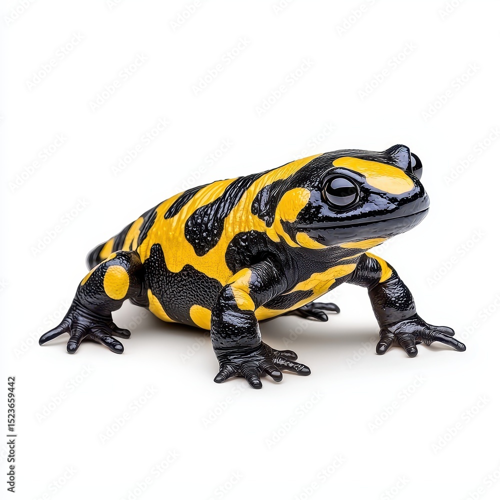 Obraz premium Close up view of a fire salamander with yellow and black markings against a white background. Detailed texture and vibrant colors are visible