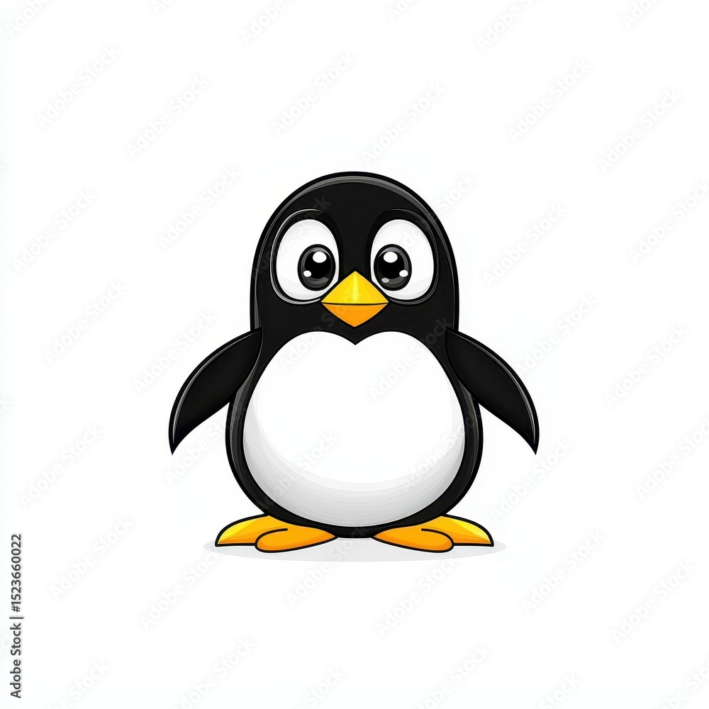 Obraz premium Cute cartoon penguin illustration, pixel art style, black and white, orange feet, white background, simple design