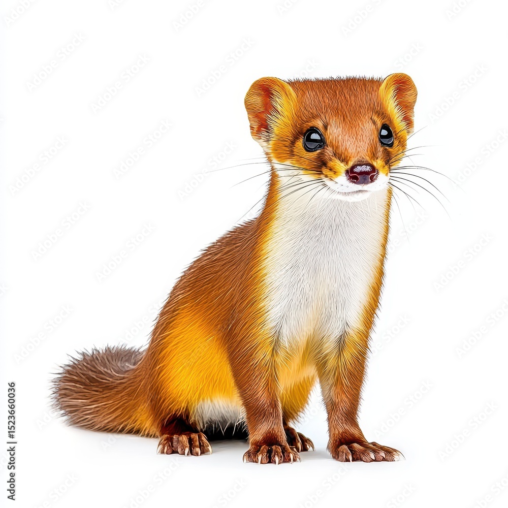 Fototapeta premium A small, reddish brown weasel with white fur on its chest sits on a white background. It has dark eyes and a small, pointed nose