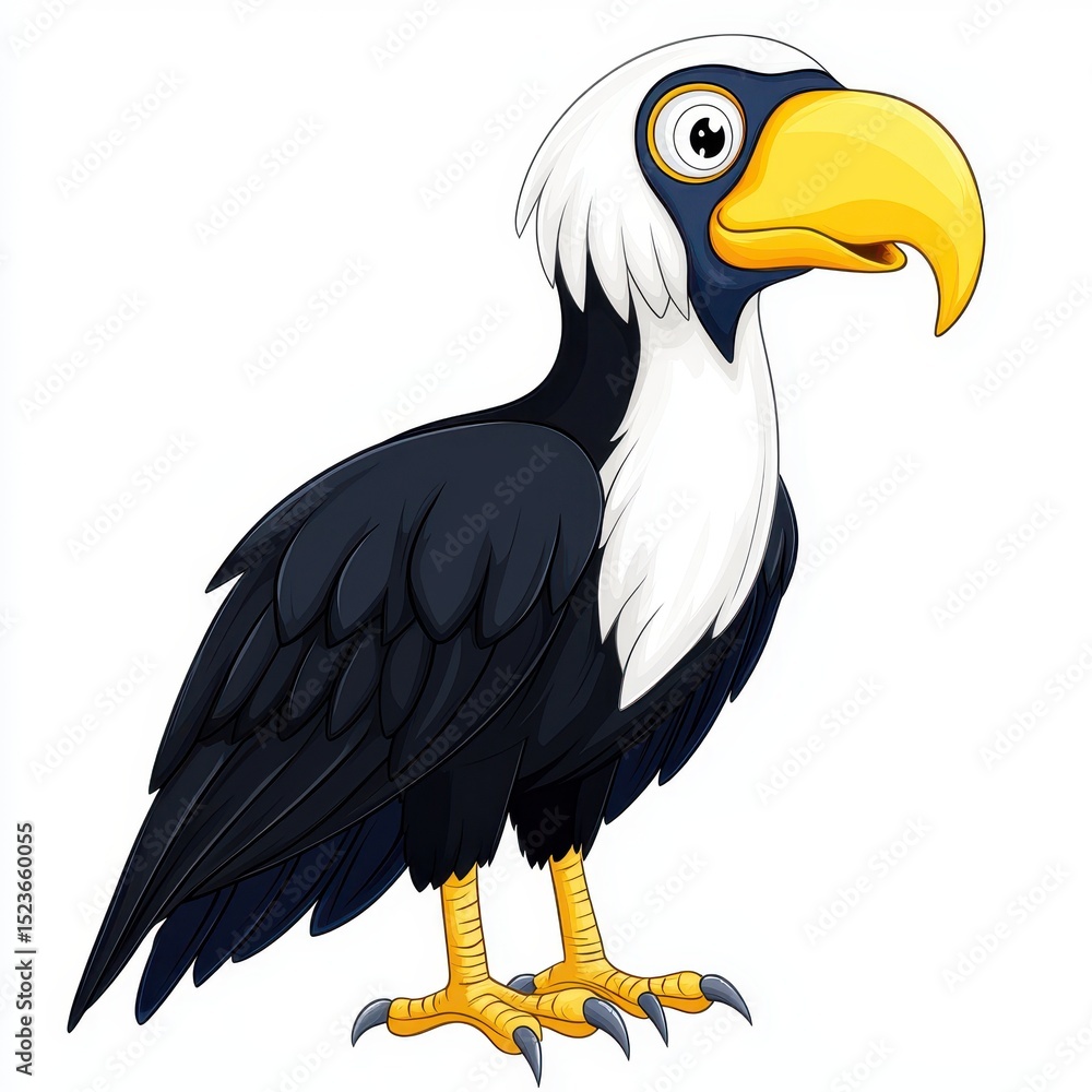 Obraz premium Cartoon illustration of a bird with black and white plumage, yellow beak, and large eyes against a white background