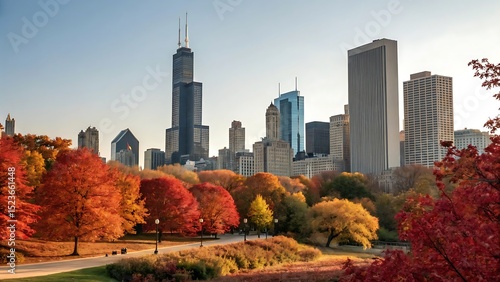 Chicago skyline in autumn with lush fall foliage and modern skyscrapers under clear skies