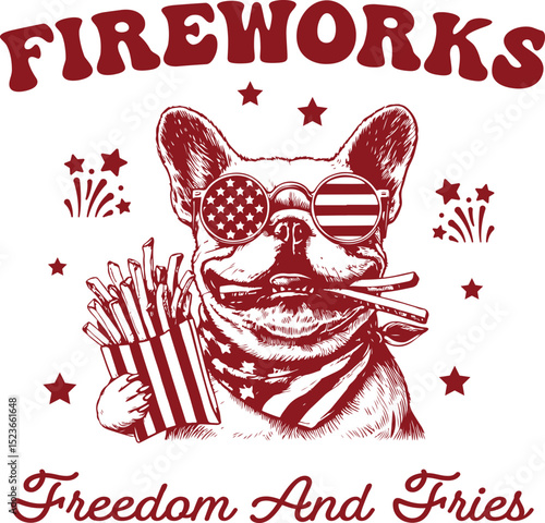 Fireworks, Freedom and Fries, Patriotic French Bulldog wearing USA sunglasses and bandana holding fries with fireworks in background, 4th of July celebration art for freedom lovers.