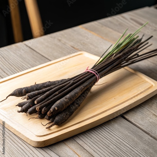 Black Carrots on Wooden Boa...