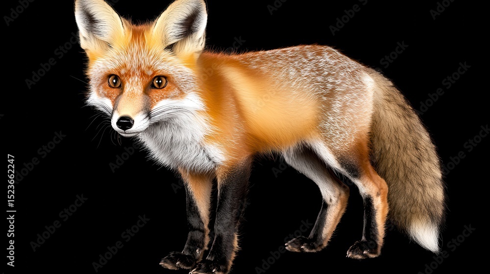 Fototapeta premium Red fox with white speckled fur standing against a black background. The fox is alert and looking directly at the viewer