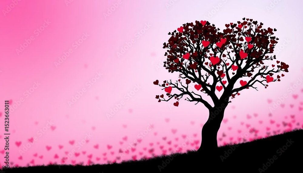 Fototapeta premium Heart-shaped tree silhouette against a Valentine's Day backdrop, clipart, greeting card