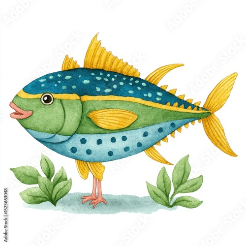 Whimsical illustration of a teal, green, and yellow fish with bird legs standing on a light blue ground with green leaves. Watercolor style