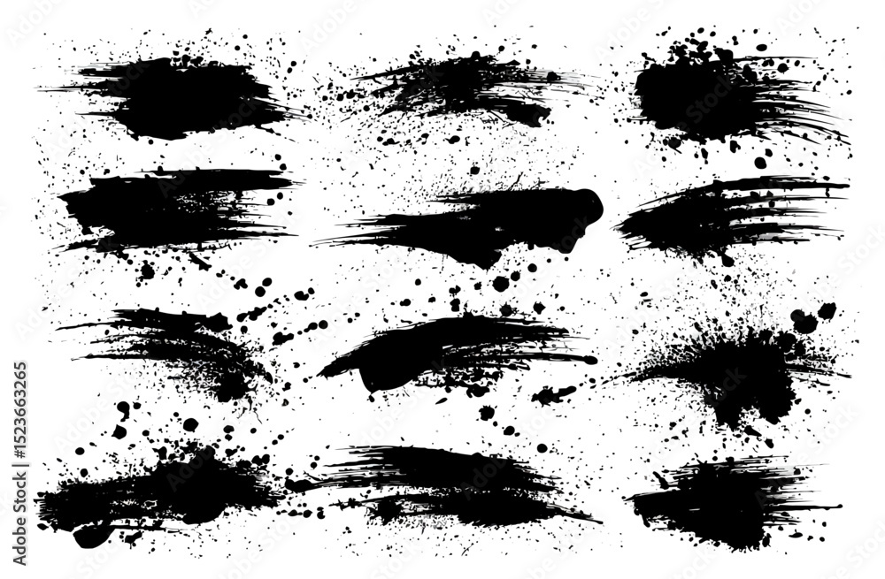 Naklejka premium Collection of Black Ink Splatter and Brush Stroke Designs High-Resolution EPS Vector Graphics