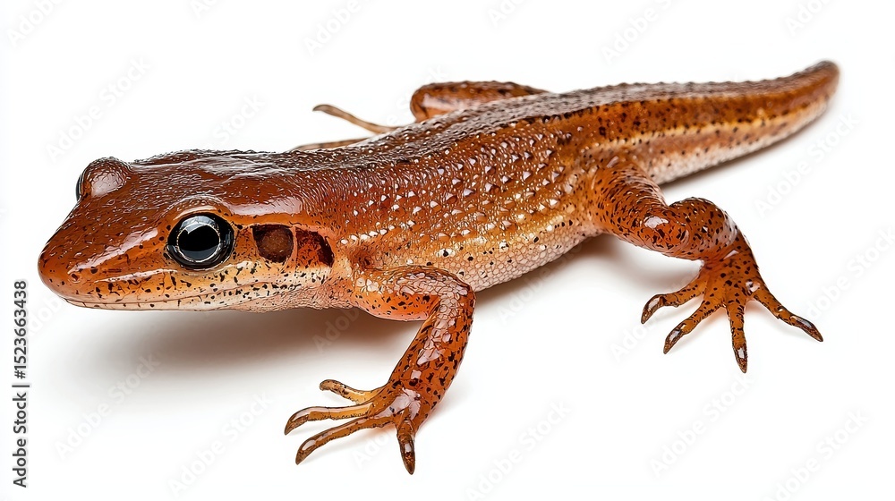 Naklejka premium Close up view of a small, reddish brown lizard with dark speckles, positioned on a plain white background. The lizard's details, such as its textured