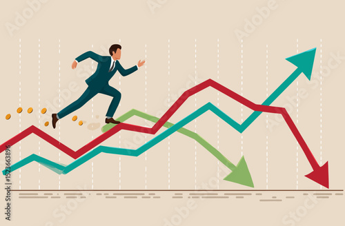 Businessman Running on Profit and Loss Graph Investment Strategy and Financial Success