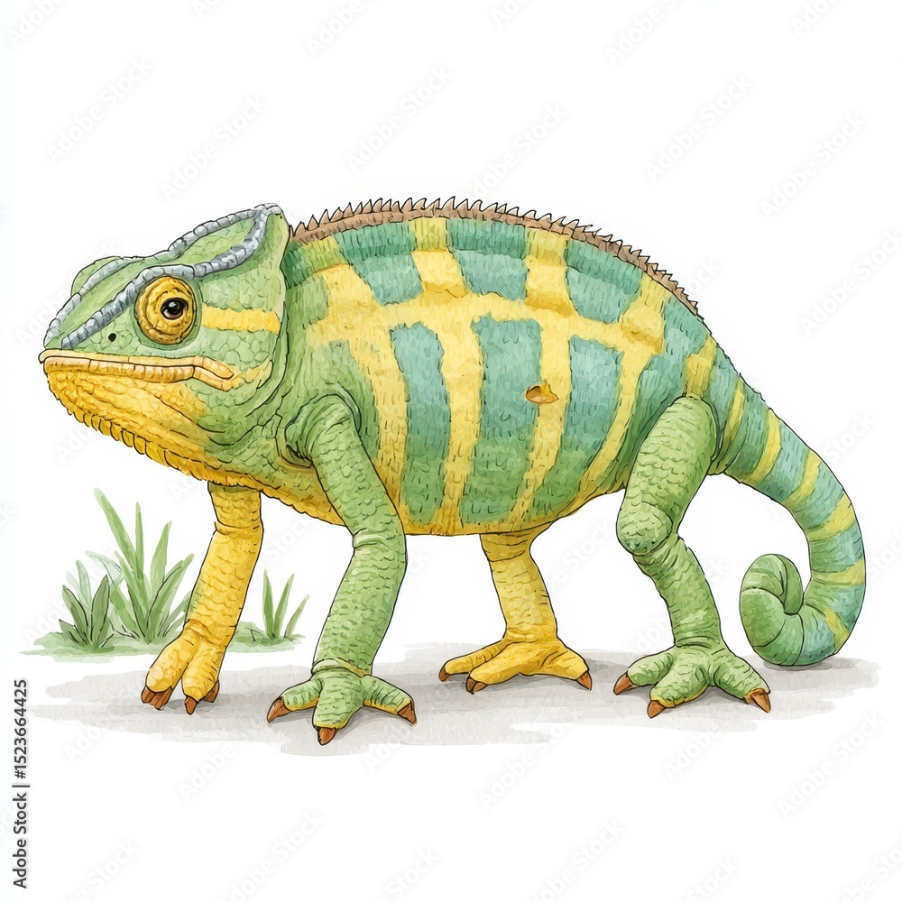 Obraz premium Close up illustration of a green and yellow chameleon on a white background with small tufts of grass