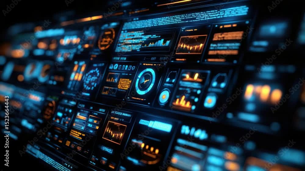 Futuristic digital dashboard with glowing blue and orange displays Futuristic digital dashboard with glowing blue and orange displays