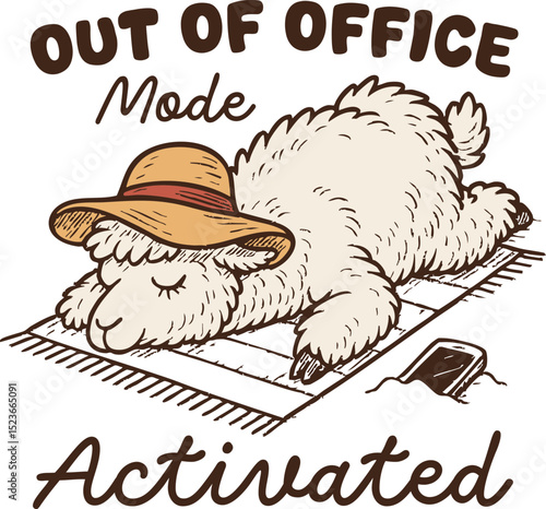 Out of Office Mode Activated Quotes, Vacation Sheep Art – Lazy cartoon sheep sleeping on towel with hat and phone nearby