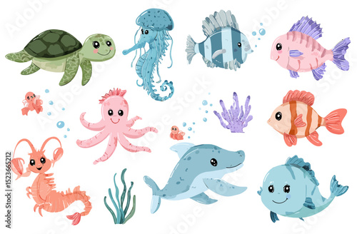 Adorable Cartoon Sea Creatures Underwater Animal Illustrations
