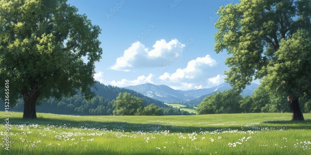 Fototapeta premium Picturesque meadow landscape with trees and mountains