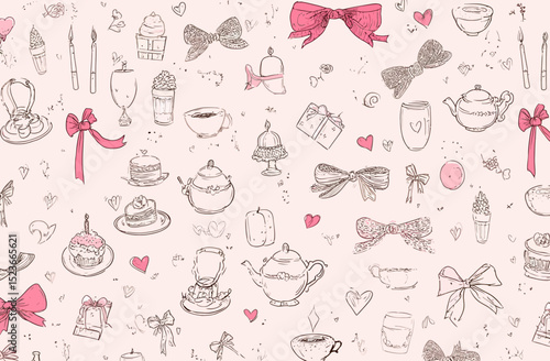 Seamless Pink and Grey Hand-Drawn Pattern Bows, Sweets, and Teacups