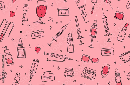 Seamless Vector Pattern Beauty and Skincare Products, Injections, and Cosmetics
