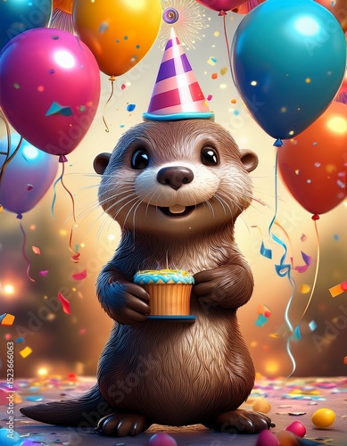 Otter birthday card with balloons