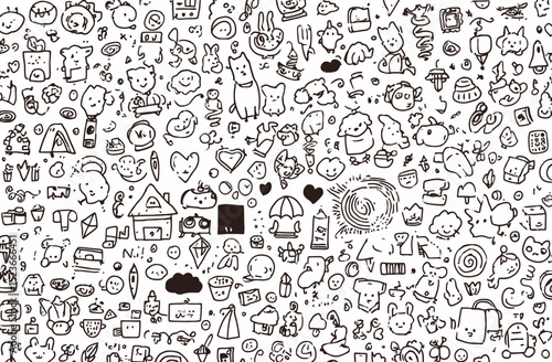 Seamless Vector Doodle Pattern Cute Animals, Objects, and Icons