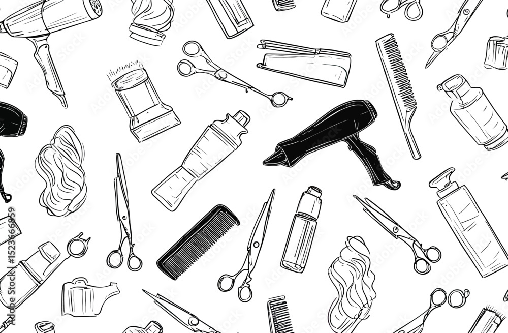 Seamless Hair Salon Tools Pattern Vector Illustration of Hairdressing Equipment Seamless Hair Salon Tools Pattern Vector Illustration of Hairdressing Equipment