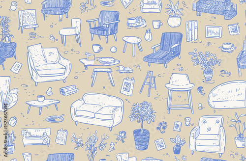 Seamless Vector Pattern Cozy Home Furnishings and Plants