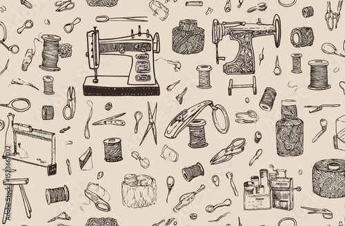 Seamless Vector Pattern Vintage Sewing Tools and Equipment