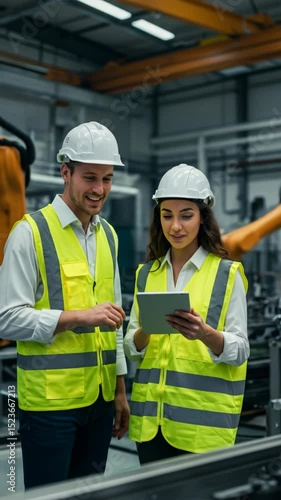 Wallpaper Mural Vertical video of male and female engineers using tablet in an automated factory with robotic arms. Ideal for Industry 4.0 or smart manufacturing content. Torontodigital.ca