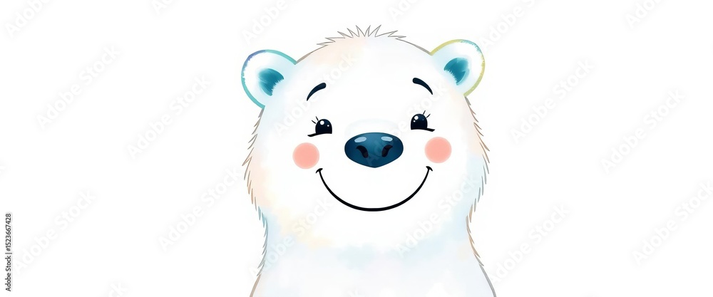 Naklejka premium Smiling polar bear, watercolor style, white background, cute, fluffy, watercolor illustration, adorable
