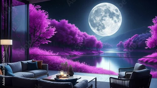 Luxury Lake Full Moon View at Night.