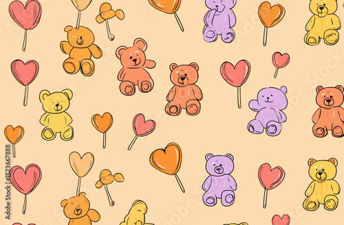 Adorable Teddy Bear and Heart Lollipop Seamless Pattern