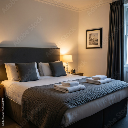 Luxurious hotel bedroom in Bishop Auckland, UK plush double bed with gray linens, white towels neatly folded, moody interior lighting. Eye-level shot highlighting comfort and hospitality