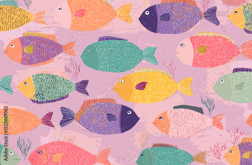 Seamless Vector Pattern with Colorful Fishes Pastel Aquatic Illustration