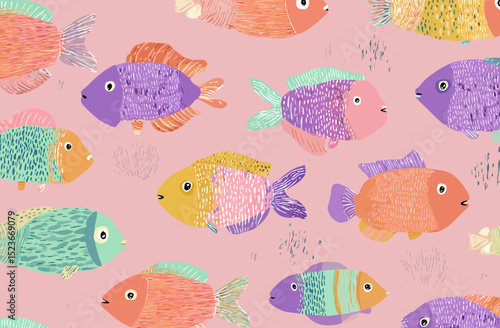 Seamless Pastel Fish Pattern Colorful Underwater Vector Illustration