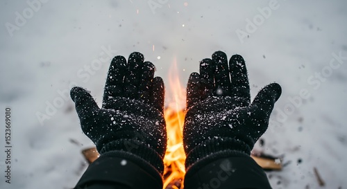 A cozy and immersive first-person perspective captures a person warming their black-gloved hands over a vibrant campfire.