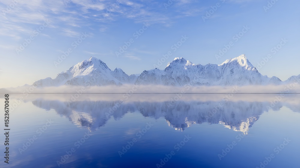 Mountains reflect perfectly on the calm water Mountains reflect perfectly on the calm water