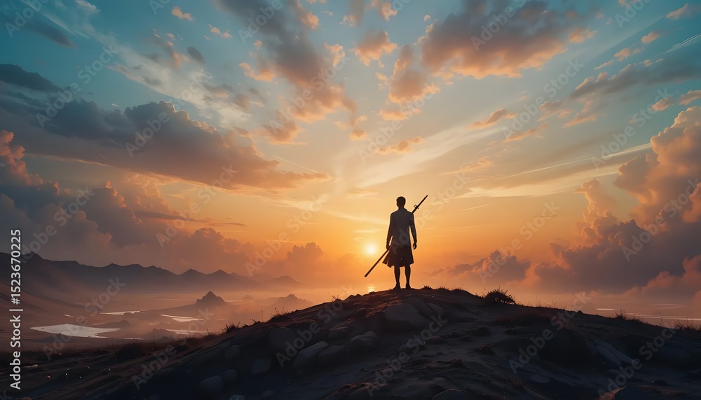 Fototapeta premium Silhouette of a warrior standing on a hill at sunset