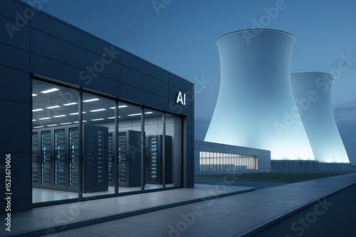 Nuclear power plant supporting advanced AI infrastructure at dusk with server facility in view