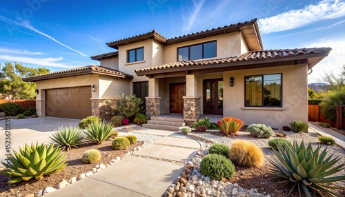 Fototapeta Naklejka Na Ścianę i Meble -  A modern stucco home with xeriscaped front yard sits in the desert landscape, showcasing beautiful landscaping and architectural design against a clear blue sky.