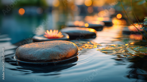 Foot-shaped stones in shallow water with a soft glow, evoking serenity and natural harmony.