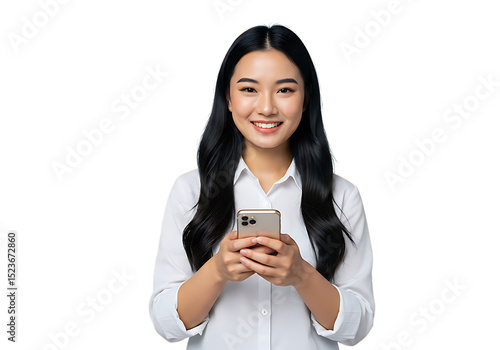Asian woman using smartphone mobile phone app smiling portrait people technology communication connection on transparent background