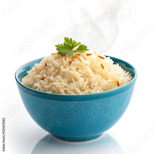 Steaming Rice in Blue Bowl,...