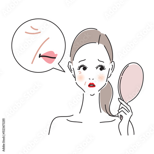 手鏡でほうれい線やシワをチェックしている悩める女性