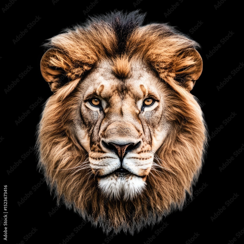 Fototapeta premium Majestic lion head closeup with detailed fur texture, showcasing its powerful presence and captivating gaze. This stunning image evokes sense of awe and admiration for wildlife