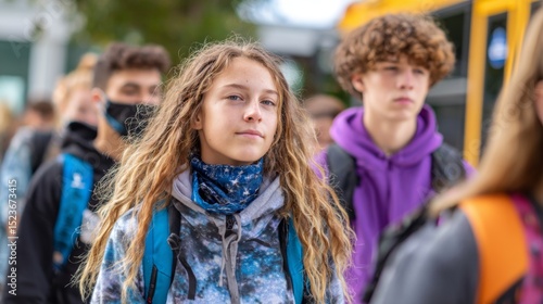 Teen students walking to school with backpacks on a busy street  