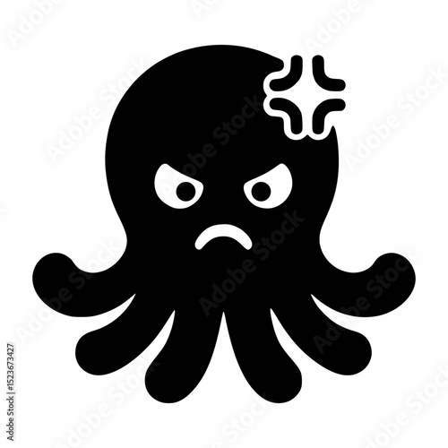 Angry octopus icon with cute emotion symbol — black cartoon vector on transparent background