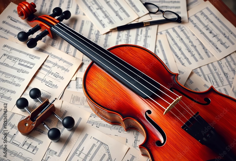 Fototapeta premium Classic violin rests on a desk amidst scattered sheet music, concert, composition