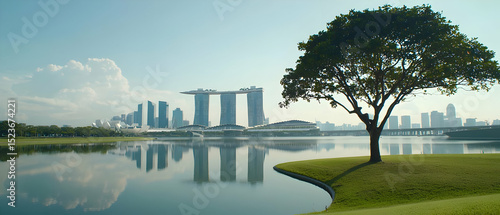 Singapore Skyline Reflecting On Calm Water With Lush Green Park