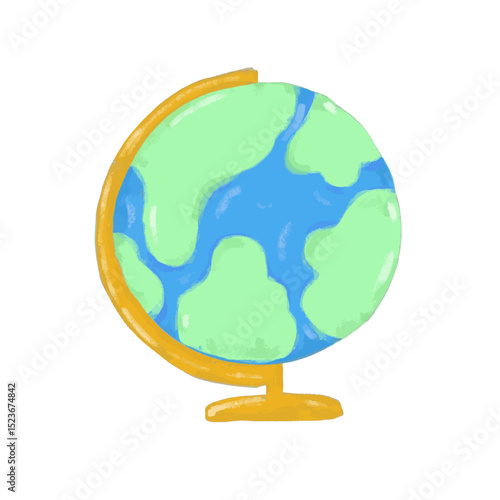 Cute hand drawn green blue orange earth globe doodle kids illustration watercolor crayon universe space drawing. Back to school element vector clipart sticker