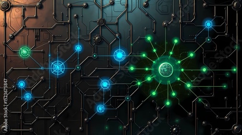 An abstract technology background rendered in a cast bronze surface with an eerie, creepy atmosphere.  Neural networks, binary codes, and interconnected nodes glow blue and green against dark tones